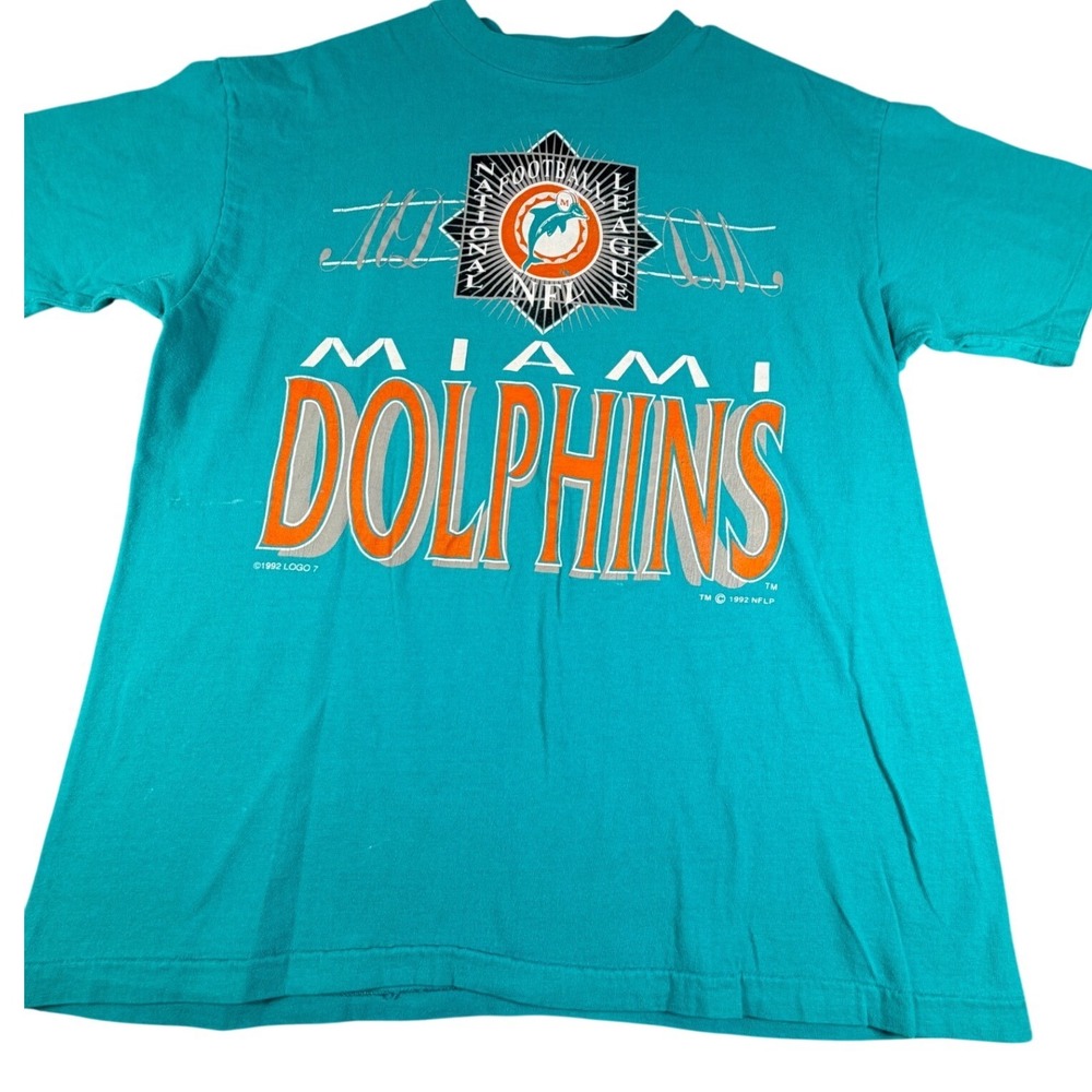 Vintage 1992 Miami Dolphins Logo 7 NFL T-Shirt Teal Single Stitch Mens Medium